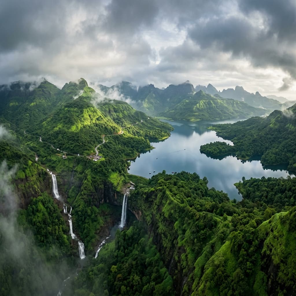 Lush green Sahyadri hills and forest lake in Mulshi near Pune